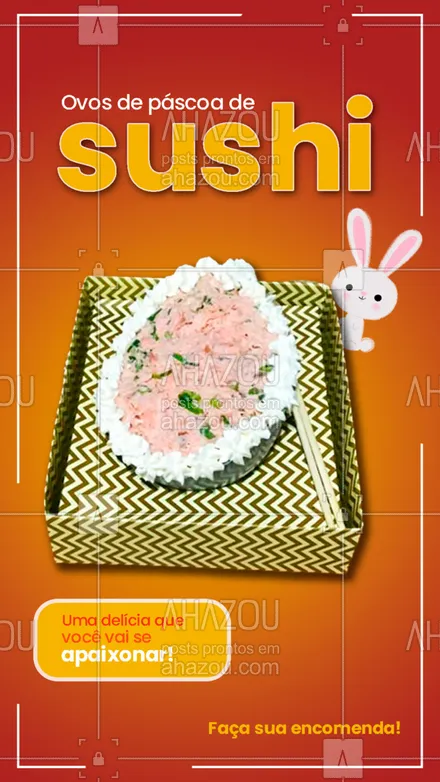 posts, legendas e frases de cozinha japonesa para whatsapp, instagram e facebook: Se você ama sushi, esse prato saboroso, imagina ovo de páscoa com essa combinação. Fica perfeito, não dá pra perder, né? Então faça já sua encomenda pelo nosso whatsApp (xx)xxxxx-xxxx e experimente essa delícia.😋  #ahazoutaste #comidajaponesa  #japa  #japanesefood  #sushidelivery  #sushilovers  #sushitime #ovosdepascoadesushi #sushi #pascoa