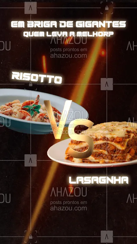 posts, legendas e frases de cozinha italiana para whatsapp, instagram e facebook: Você AMA aquele risotto preparado do jeitinho certo ou aquela lasanha suculenta super queijuda?! Conta ai, na sua opinião, qual é o melhor prato?! #ahazoutaste #comidaitaliana  #cozinhaitaliana  #italianfood  #italy  #massas  #pasta  #restauranteitaliano 