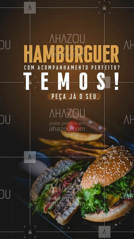 posts, legendas e frases de hamburguer para whatsapp, instagram e facebook: Aqui você come não só um hamburguer delicioso, temos acompanhamentos à altura.
Peça já o seu!
#ahazoutaste  #burger  #burgerlovers  #artesanal  #hamburgueria 