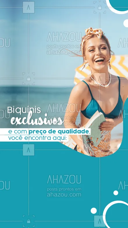 posts, legendas e frases de moda praia para whatsapp, instagram e facebook: Aproveite nossos descontos exclusivos para renovar os biquínis do seu guarda-roupas. ?? #AhazouFashion #tendencia #moda #modapraia #praia #verao