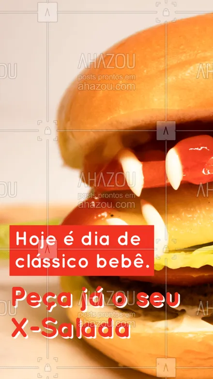 posts, legendas e frases de hamburguer para whatsapp, instagram e facebook: Quem não ❤ um clássico? Hoje é dia de X-Salada ?. Peça já o seu pelo delivery! #hamburgueriaartesanal #hamburgueria #burgerlovers #ahazoutaste #burger #xsalada