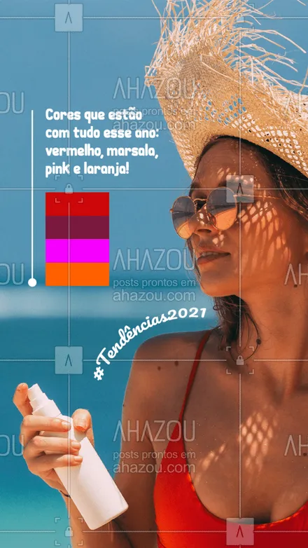 posts, legendas e frases de moda praia para whatsapp, instagram e facebook:  
As cores fortes e alegres estão com tudo esse ano e prometem encher o seu look de praia com boas energias! ?
#tendencia #tendencias2021 #AhazouFashion  #moda #modapraia #fashion