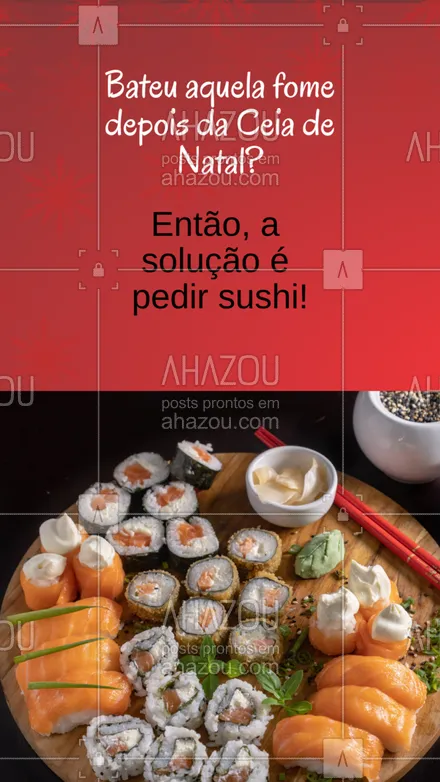 posts, legendas e frases de cozinha japonesa para whatsapp, instagram e facebook: Nada como uma ou mais peças de sushi para finalizar a noite de Natal bem. Lembre-se, não existe hora errada para comer sushi. Toda hora é com total certeza a certa. Entre em contato e faça seu pedido. #ahznoel #convite #sushi #depoisdaceia #natal #ahazoutaste