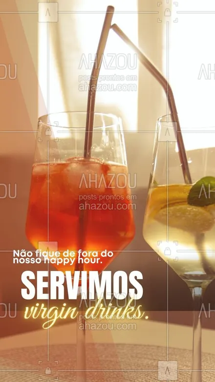 posts, legendas e frases de bares para whatsapp, instagram e facebook: Seu happy hour está garantido com os melhores virgin drinks para você brindar e comemorar com os amigos. Esperamos a sua visita. #bar #cocktails #drinks #lounge #pub #ahazoutaste #drinksemalcool #virgindrink #opçoes #sabor #bebedanãoalcólica #cardápio