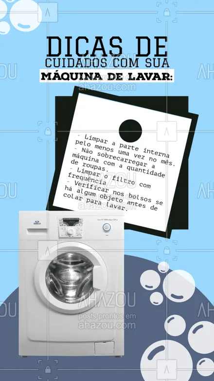 posts, legendas e frases de eletrônicos & eletrodomésticos para whatsapp, instagram e facebook:  Seguindo essas dicas você consegue garantir uma maior durabilidade em sua máquina de lavar. ????? #MaquinadeLavar #Dicas #AhazouTec #eletrodomesticos