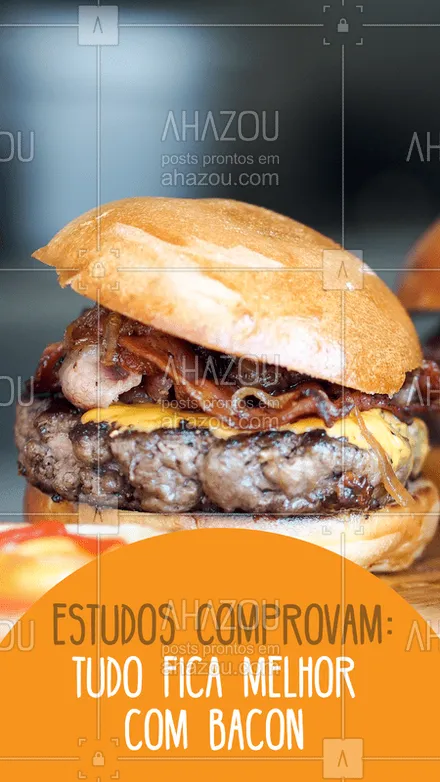 posts, legendas e frases de hamburguer para whatsapp, instagram e facebook: Quem aí concorda? Bacon no hambúrguer ou bacon na batata, é perfeito de qualquer jeito! ❤️ #bacon #ahazoutaste #hamburgueria