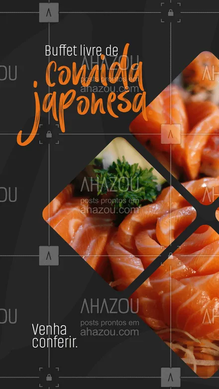 posts, legendas e frases de cozinha japonesa para whatsapp, instagram e facebook: Buffet delicioso, completo e o melhor: totalmente livre! Traga sua família e amigos e confira!🍙🍘🤗 #buffet #buffetlivre #comidajaponesa #japa #food #ahazoutaste #sushitime  #sushilovers  #japanesefood 