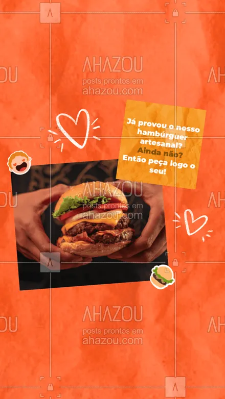 posts, legendas e frases de hamburguer para whatsapp, instagram e facebook: Feito com os melhores ingredientes e muito carinho, especialmente para você, experimente o nosso hambúrguer artesanal. Peça já o seu! #hamburgueriaartesanal #hamburgueria #burgerlovers #ahazoutaste #burger #artesanal #hamburguerartesanal #ahazoutaste 