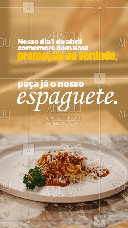posts, legendas e frases de cozinha italiana para whatsapp, instagram e facebook: Peça já o nosso delicioso espaguete, aproveite o dia da mentira com uma promoção realista, trazendo uma massa italiana deliciosa para você, não fique de fora dessa. Peça a sua no número: (__-_________). #ahazoutaste #comidaitaliana  #cozinhaitaliana  #italianfood  #massas  #italy  #restauranteitaliano  #pasta 
