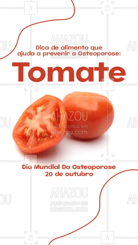 posts, legendas e frases de nutrição para whatsapp, instagram e facebook: O tomate é rico em minerais como magnésio, ferro, fósforo, manganês e potássio, que são participantes importantes na formação dos ossos. Além disso, o tomate cai bem em qualquer tipo de molho e salada, por isso é fácil de colocar na dieta. 🍅 #diamundialdaosteoporose #osteoporose #ossos #dicas #AhazouSaude #viverbem  #alimentacaosaudavel  #nutricao  #bemestar  #saude 