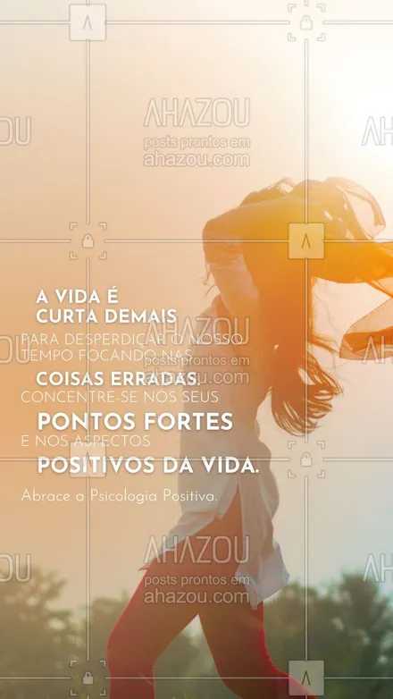 posts, legendas e frases de saúde mental para whatsapp, instagram e facebook: Muitas vezes nos preocupamos em focar em atitudes, coisas e caminhos errados. Porém, ao nos concentrarmos no que é melhor para nós, nos pontos fortes em que temos e sempre manter os pensamentos positivos, tudo começará a dar certo. Acredite, quanto mais positivo(a) você for, mais positividade entrará na sua vida. #psicologia #positiva #saudemental #AhazouSaude #frases #motivacional #frasesmotivacioanis