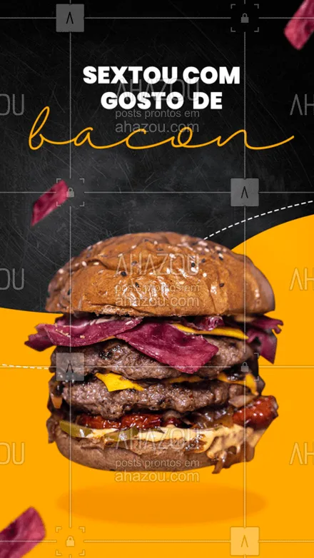posts, legendas e frases de hamburguer para whatsapp, instagram e facebook: Vem sextar com nossos hambúrgueres cheios de bacon que vai ser até difícil de comer? e aí vai encarar??? Peça no nosso ? Whatsapp (00)0000-00000 #ahazou #hambuguer #bacon # vaiencarar #hamburgueria #desafio #food