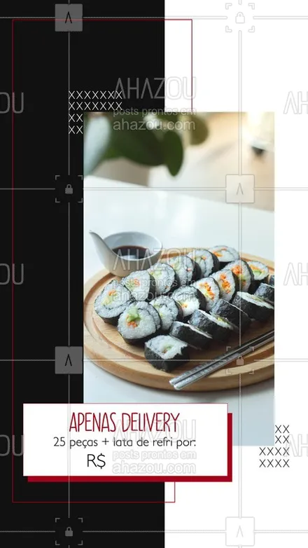 posts, legendas e frases de cozinha japonesa para whatsapp, instagram e facebook: Devido a quarentena, estamos atendendo apenas via delivery, porém, não deixe de aproveitar nossa promoção 25 peças, a sua escolha, por apenas R$XX. Entre em contato pelo whatsapp xxxxx-xxxx e peça já! #ahazoutaste #japa #culinariajaponesa #sushi #delivery #covid19 #coronavirus