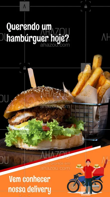 posts, legendas e frases de hamburguer para whatsapp, instagram e facebook: Hoje é um ótimo dia para matar a vontade de um super hambúrguer suculento com tudo que temos direito, vem conhecer o nosso delivery. Levamos o seu lanche no conforto da sua casa ? #ahazoutaste #hamburgueriaartesanal #hamburgueria #burgerlovers #burger #artesanal #delivery #entrega #pedido #hambúrguer #acompanhamento #ahazoutaste 
