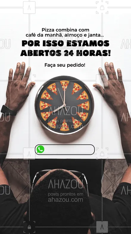 posts, legendas e frases de pizzaria para whatsapp, instagram e facebook: Estamos abertos 24 horas! Bora pedir uma pizza? ?(preencher) #ahazoutaste  #pizzaria #pizza #pizzalife #pizzalovers #delivery #pedido #atendimento #24horas #frases #atendimento24hrs