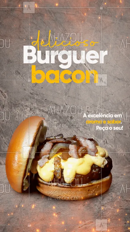 posts, legendas e frases de hamburguer para whatsapp, instagram e facebook: Aroma marcante, sabor irresistível... Estas são duas das muitas características do delicioso burguer bacon. Vai resistir? Não né! Faça já seu pedido! ?? #ahazoutaste #hamburgueriaartesanal #hamburgueria #burgerlovers #burger #bacon 