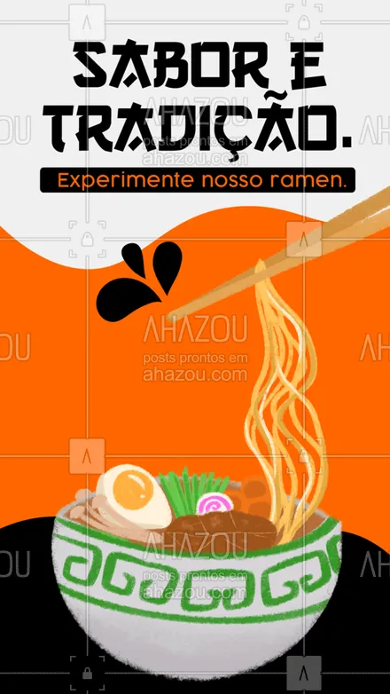 posts, legendas e frases de cozinha japonesa para whatsapp, instagram e facebook: Tradicionalmente delicioso, nosso ramen é feito com ingredientes de qualidade e muito carinho especialmente para você. Então aproveite e peça já o seu, garantimos que vai ser amor na primeira mordida. #comidajaponesa #japa #japanesefood #ahazoutaste #sabor #qualidade #opções #tradição #ramen #produtosfrescos #shoyuramen
