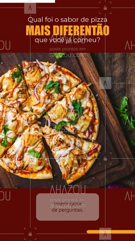 posts, legendas e frases de pizzaria para whatsapp, instagram e facebook: Que todo mundo ama uma pizza de mussarela ou a tradicional frango com catupiry, isso nós já sabemos. O que nós queremos descobrir hoje é qual sabor de pizza mais inusitado você já provou. Conta pra gente nos comentários! 😋😉 #ahazoutaste #pizza  #pizzalife  #pizzalovers  #pizzaria 