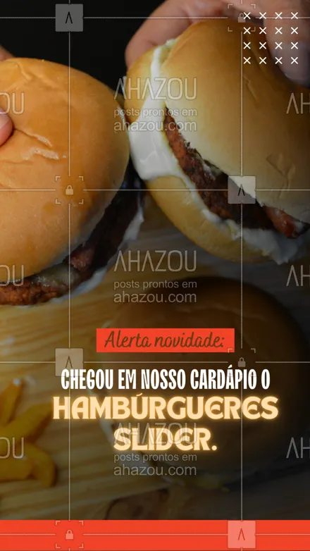 posts, legendas e frases de hamburguer para whatsapp, instagram e facebook: Agora você pode saborear todos os seus hambúrgueres favoritos de uma só vez. Venha nos visitar e conheça nossos hambúrgueres slider. Garantimos que você vai se apaixonar por essa novidade. #artesanal #burger #burgerlovers #hamburgueria #ahazoutaste #hamburgueriaartesanal #slide #hambúrguerslider #sabor #qualidade #opções #cardápio #sabores 







