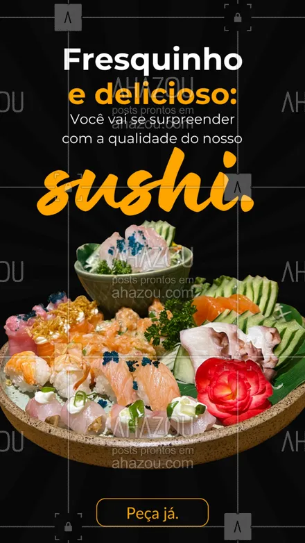 posts, legendas e frases de cozinha japonesa para whatsapp, instagram e facebook: Sabe aquele sushi que você não quer parar de comer mais? O nosso é desses! Pode parecer clichê, mas é a mais pura verdade: quem experimenta, se apaixona. Faça seu pedido! #ahazoutaste #comidajaponesa  #japa  #japanesefood  #sushidelivery  #sushitime  #sushilovers #pedido #sabor #produtosfrescos #delivery