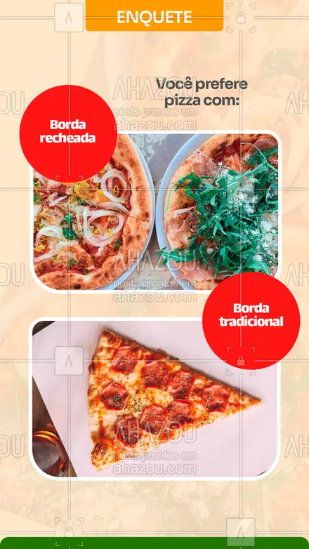 posts, legendas e frases de pizzaria para whatsapp, instagram e facebook: Essa pergunta é polêmica! 
Conta pra gente, qual tipo de borda você prefere?

#ahazoutaste #pizzaria  #pizzalovers  #pizzalife  #pizza 