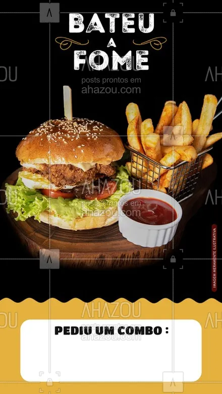 posts, legendas e frases de hamburguer para whatsapp, instagram e facebook: Sabe quando bate aquela fome? Então, hora de pedir esse combo maravilhoso. #Burger  #Ahazou #Combo