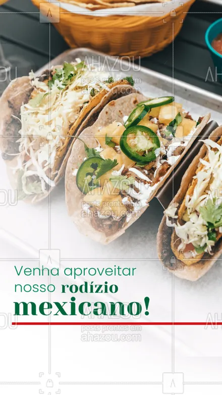 posts, legendas e frases de cozinha mexicana para whatsapp, instagram e facebook: Tá com vontade de comer uma comidinha gostosa, apimentada e com muito tempero 🌮? Então não perca nosso rodízio mexicano 😋! #comidamexicana #ahazoutaste #cozinhamexicana #vivamexico #texmex #nachos