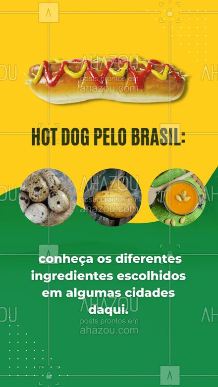 posts, legendas e frases de hot dog  para whatsapp, instagram e facebook: Em São Paulo, não é nem um pouco estranho o prato utilizar purê de batata, né? Já no Rio de Janeiro, ovos de codorna são bem comuns. Na Bahia, um azeite de dendê e até um pouco de abóbora combina bastante com o lanche. Você sabia que existiam tantas formas de saborear um hot dog? #ahazoutaste #cachorroquente  #food  #hotdog  #curiosidade #ingredientes #hotdoggourmet  #hotdoglovers 