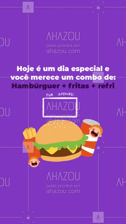 posts, legendas e frases de hamburguer para whatsapp, instagram e facebook: Nada melhor que comemorar um dia especial com um delicioso combo de hambúrguer + fritas + refri não é mesmo? Então venha já fazer o seu pedido pelo telefone: (_____________________). #Hambúrguer #Combo #ahazoutaste #Delivery #Convite #Promo 