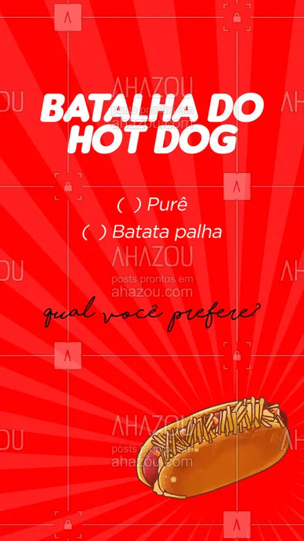posts, legendas e frases de hot dog  para whatsapp, instagram e facebook: A pergunta que não quer calar: entre purê e batata-lha, qualque não pode faltar no seu dogão?
#ahazoutaste #hotdoglovers  #hotdog  #hotdoggourmet  #cachorroquente 