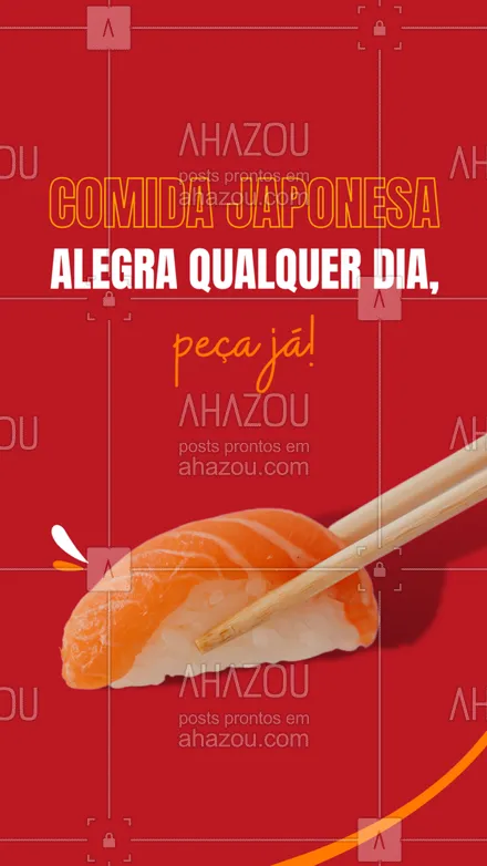 posts, legendas e frases de cozinha japonesa para whatsapp, instagram e facebook: Para um dia mais alegre só se tiver muito sushi e sashimi, peça já! 🍣 #ahazoutaste #comidajaponesa #japanesefood #japa #sushidelivery #sushitime 