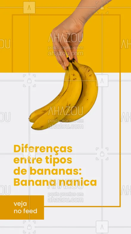 posts, legendas e frases de hortifruti para whatsapp, instagram e facebook: Nós te ajudamos a ver a diferença entre os tipos de bananas. A banana nanica é um pouco mais doce, sendo mais indicada para adoçar suas receitas, a casca dela é mais fina e de coloração amarelo-esverdeada mesmo quando a banana esta madura. É muito indicada para ser consumida por atletas. 🍌 #ahazoutaste #banana #bananamadura #bananananica #nanica #tipos #diferença #frutas 