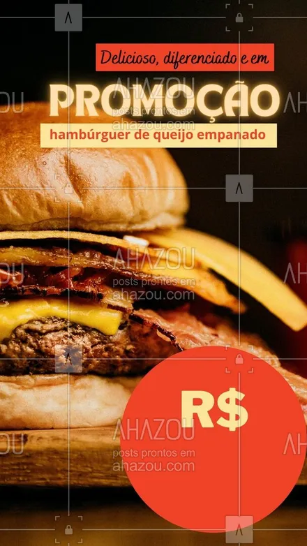posts, legendas e frases de hamburguer para whatsapp, instagram e facebook: Já provou nosso delicioso hambúrguer de queijo empanado? Aproveita nossa promoção e peça já seu! 🍔#hamburgueria #burger #ahazoutaste #promoção #queijoempanado