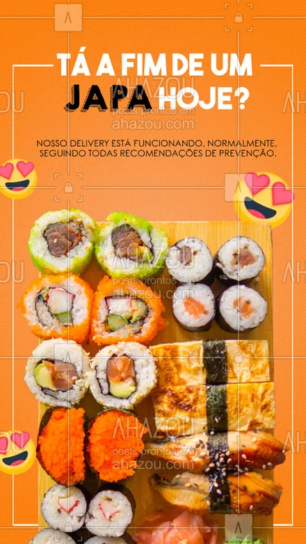 posts, legendas e frases de cozinha japonesa para whatsapp, instagram e facebook: A gente continua aqui, preparando tudo com o maior cuidado para você. ? Cumprimos todas as recomendações de prevenção.? Pode fazer seu pedido. #gastronomia #AhazouTaste #delivery #coronavirus #covid19