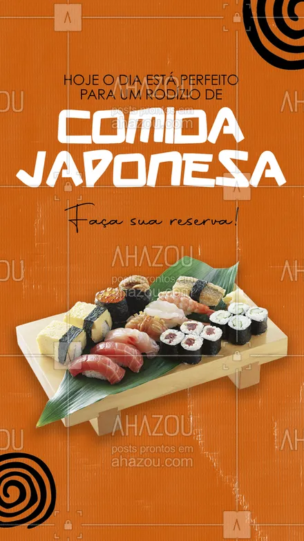 posts, legendas e frases de cozinha japonesa para whatsapp, instagram e facebook: Rodízio de comida japonesa.
Venha experimentar o melhor da culinária japonesa.
Faça sua reserva!
#ahazoutaste #comidajaponesa  #japanesefood  #japa  #sushidelivery  #sushilovers  #sushitime 
