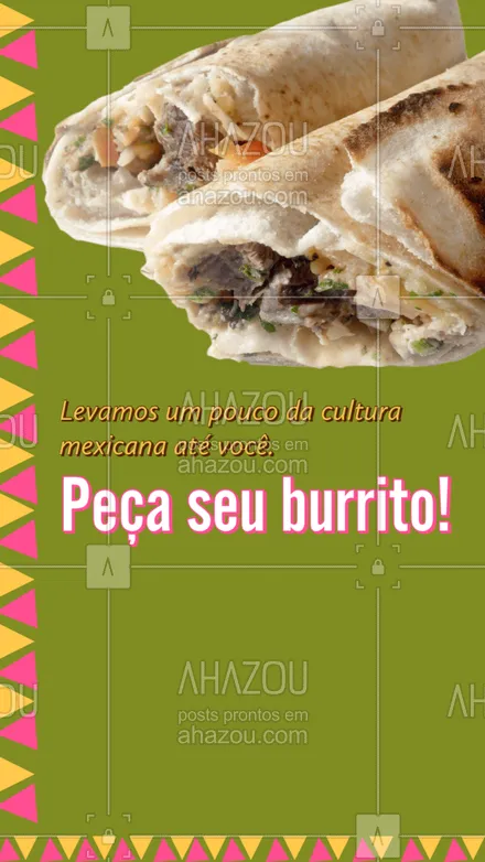 posts, legendas e frases de cozinha mexicana para whatsapp, instagram e facebook:  Se você não vai ao México, levamos a cultura dele até você! Peça nossos burritos e se surpreenda com a qualidade e o sabor! ?
#ahazoutaste  #cozinhamexicana #vivamexico #comidamexicana #burrito