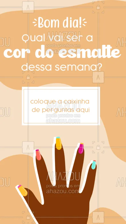 posts, legendas e frases de manicure & pedicure para whatsapp, instagram e facebook: Conta pra gente: qual vai ser a cor ou as cores dessa semana? 🤔👇
#AhazouBeauty #beleza  #unhas  #manicure  #nailsaloon  #nailart 
