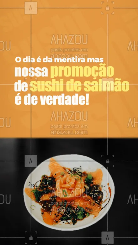 posts, legendas e frases de cozinha japonesa para whatsapp, instagram e facebook: Essa promoção é pra você sushilover, um descontão no nosso sushi de salmão, não deixe essa oportunidade passar, peça logo o seu e vem comemorar com a gente! Número para contato: (__-_________) #ahazoutaste #comidajaponesa  #japanesefood  #japa  #sushidelivery  #sushilovers  #sushitime 