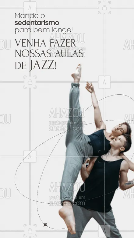 posts, legendas e frases de personal trainer para whatsapp, instagram e facebook: Que tal sair do sedentarismo de uma forma leve e divertida com as aulas de jazz! Venha se juntar a nós, entre em contato 📞 (inserir número) e matricule-se já! #viverbem #qualidadedevida #bemestar #cuidese #saude #dança #jazz #aulasdejazz #enegia #alegria #movimentos #AhazouSaude 