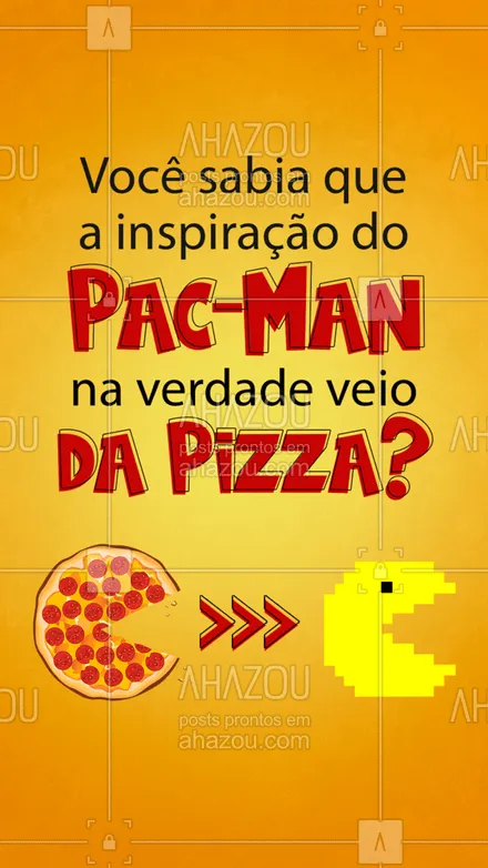 posts, legendas e frases de pizzaria para whatsapp, instagram e facebook: Uma pizza com um pedaço a menos foi a inspiração de Tohru Iwatamim designer de jogos da Namco no Japão, para criar o clássico personagem dos games, Pac-Man, em 1980! ?
 #CuriosidadesPizza #PacMan #ahazoutaste  #pizzaria #pizzalife #pizzalovers