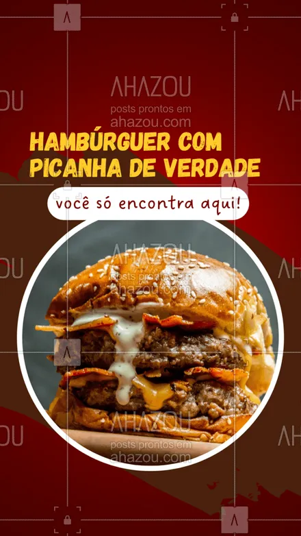 posts, legendas e frases de hamburguer para whatsapp, instagram e facebook: Esse realmente tem picanha no hambúrguer!🤣 Peça já o seu. #ahazoutaste #hamburgueria  #burger  #artesanal  #burgerlovers #picanha 