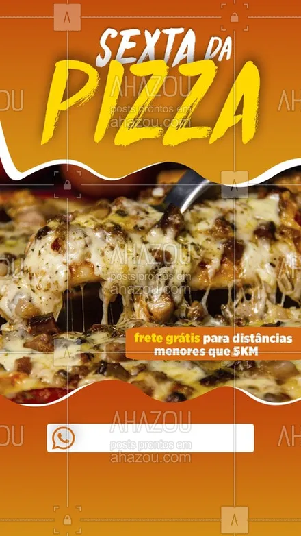 posts, legendas e frases de pizzaria para whatsapp, instagram e facebook: Sexxxxtou! Dia de pedir uma bela e deliciosa pizza da [Nome da empresa]!?
Só chamar no whats e fazer o seu pedido que entregamos na sua casa !?
Chamaaaa! ??
#ahazou #pizza #sextou #pizzaria #ahazoupizza