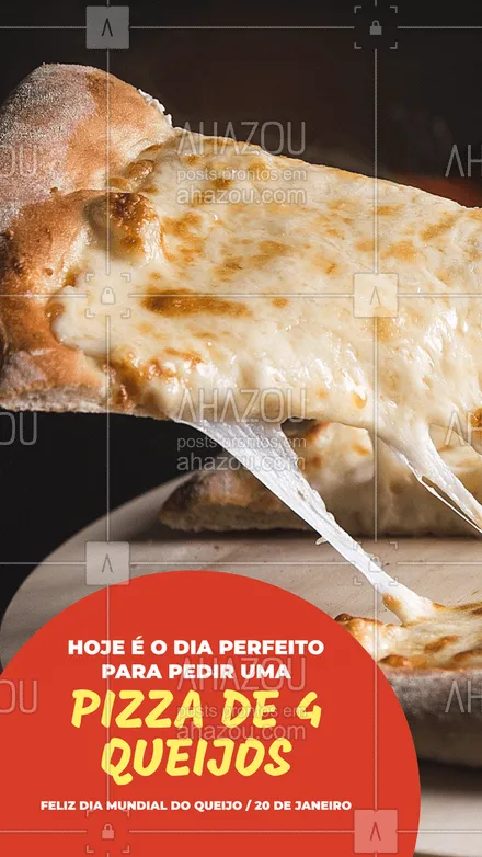 posts, legendas e frases de pizzaria para whatsapp, instagram e facebook: Para comemorar o Dia mundial do queijo, nada melhor do que comer quatro tipos diferentes. Concorda com a gente? #ahazoutaste #diamundialdoqueijo #queijo #pizza #quatroqueijos #pizzaria 