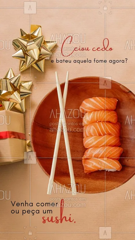 posts, legendas e frases de cozinha japonesa para whatsapp, instagram e facebook: A Ceia acontece mais cedo e bateu aquela fome? Então, venha aproveitar para comer bastante sushi. Uma noite feliz merece um bom sushi. #ahznoel #convite #sushi #depoisdaceia #natal #ahazoutaste