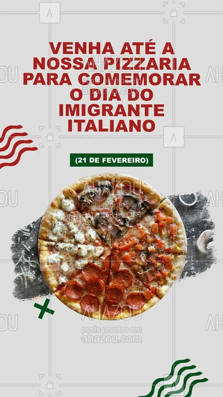 posts, legendas e frases de pizzaria para whatsapp, instagram e facebook: Nada como uma delícia italiana para comemorar o dia do imigrante italiano. Venha comer nossas deliciosas pizzas e comemorar, faça sua reserva (inserir número). 

 #pizza  #pizzalife  #pizzalovers #ahazoutaste #pizzaria #diadoimigranteitaliano #diadepizza #convites