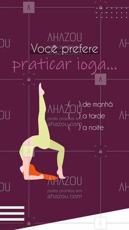 posts, legendas e frases de yoga para whatsapp, instagram e facebook: Conta pra gente, qual é o seu horário favorito para praticar ioga? 🤔👇🏻
#AhazouSaude #meditation  #namaste  #yoga  #yogainspiration  #yogalife 