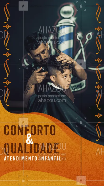 posts, legendas e frases de barbearia para whatsapp, instagram e facebook: Traga sua criança para fazer um belo corte de cabelo! Temos profissionais e ambiente preparados para atende-los! Venha nos visitar! #ahazou #barber #cabelo