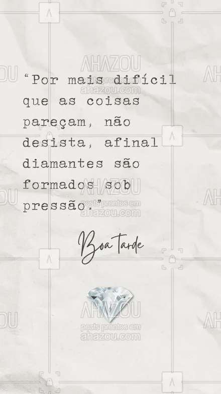 posts, legendas e frases de posts para todos para whatsapp, instagram e facebook: Não desista agora. Você consegue superar todas as dificuldades que está passando nesse momento. E quando isso acabar, verá que ficou mais forte e resistente, assim como os diamantes 💎. #frasesmotivacionais #motivacionais #motivacional #quote #ahazou #frase #frases #postdefrase #frasesdeboatarde #motivaçãododia #frasesquemotivam #frasesqueinspiram