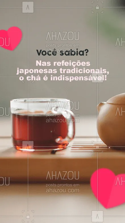 posts, legendas e frases de cozinha japonesa para whatsapp, instagram e facebook: Presente praticamente em todas as refeições, principalmente o chá verde, faz parte das tradições culturais milenares, além de ajudar na digestão. E você, tomaria chá em todas as suas refeições? Conta pra gente! ??
#TradiçoesJaponesas #CuriosidadesGastronomicas #ahazoutaste  #comidajaponesa #sushilovers
