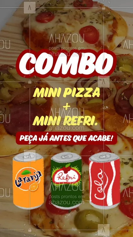 posts, legendas e frases de pizzaria para whatsapp, instagram e facebook: Peça já antes que acabe! Mini pizza + mini refri, acabe com a sua fome da melhor maneira.🍕 #ahazoutaste #pizza  #pizzalife  #pizzalovers  #pizzaria 